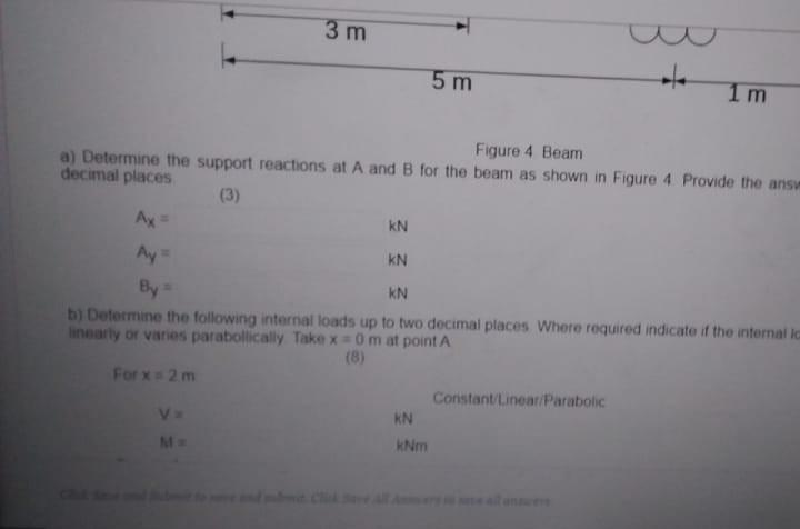 3 m 5 m 1 m Figure 4 Beam a) Determine the support | Chegg.com
