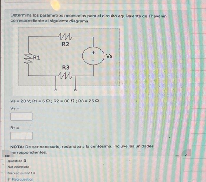 Determina los parámetros necesarios para el circuito equivalente de Thevenin correspondiente al siguiente diagrama. \[ \begin