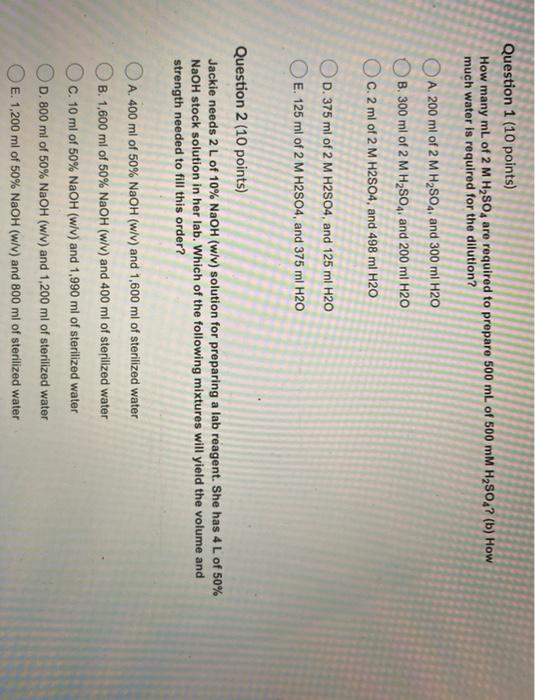 Solved Question 1 10 Points How Many Ml Of 2 M H2s0 Ar Chegg Com