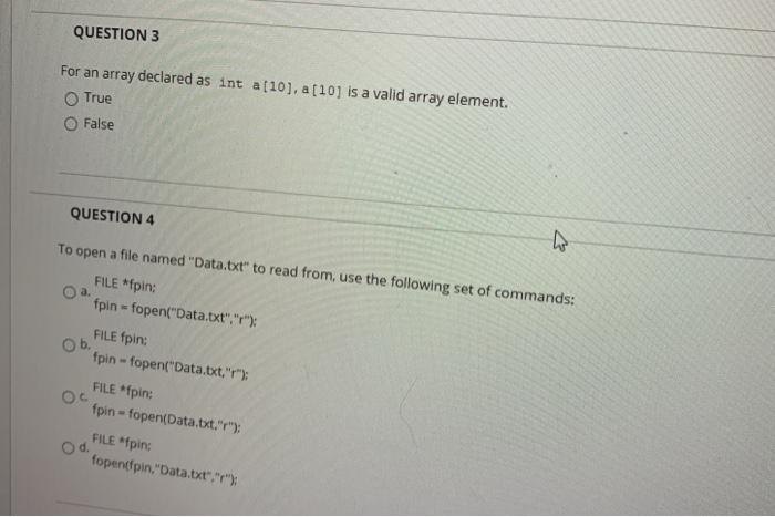 Solved QUESTION 3 For an array declared as int a[10), a[10] | Chegg.com