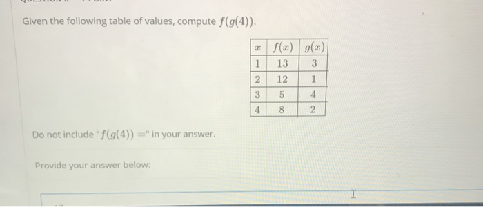 Solved Given the following table of values, compute f(g(4)). | Chegg.com