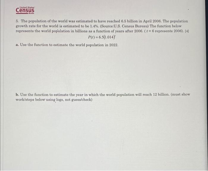 Solved United States Census 5. The population of the world | Chegg.com