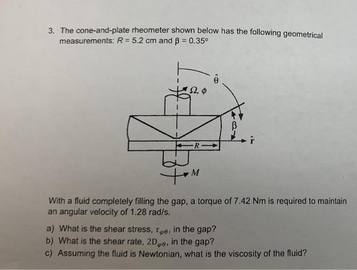 Solved 3. The cone-and-plate rheometer shown below has the | Chegg.com