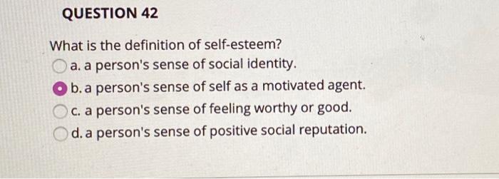 Solved QUESTION 42 What Is The Definition Of Self esteem A Chegg