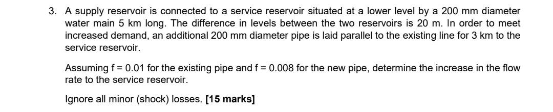 Solved A supply reservoir is connected to a service | Chegg.com