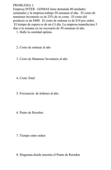 PROBLEMA 1: Empresa INTER-GOMAS tiene demanda 40 unidades semanales y la empresa trabaja 50 semanas al año. El costo de mante