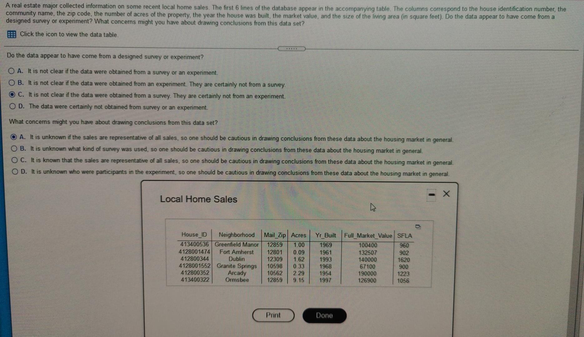 Solved A real estate major collected information on some