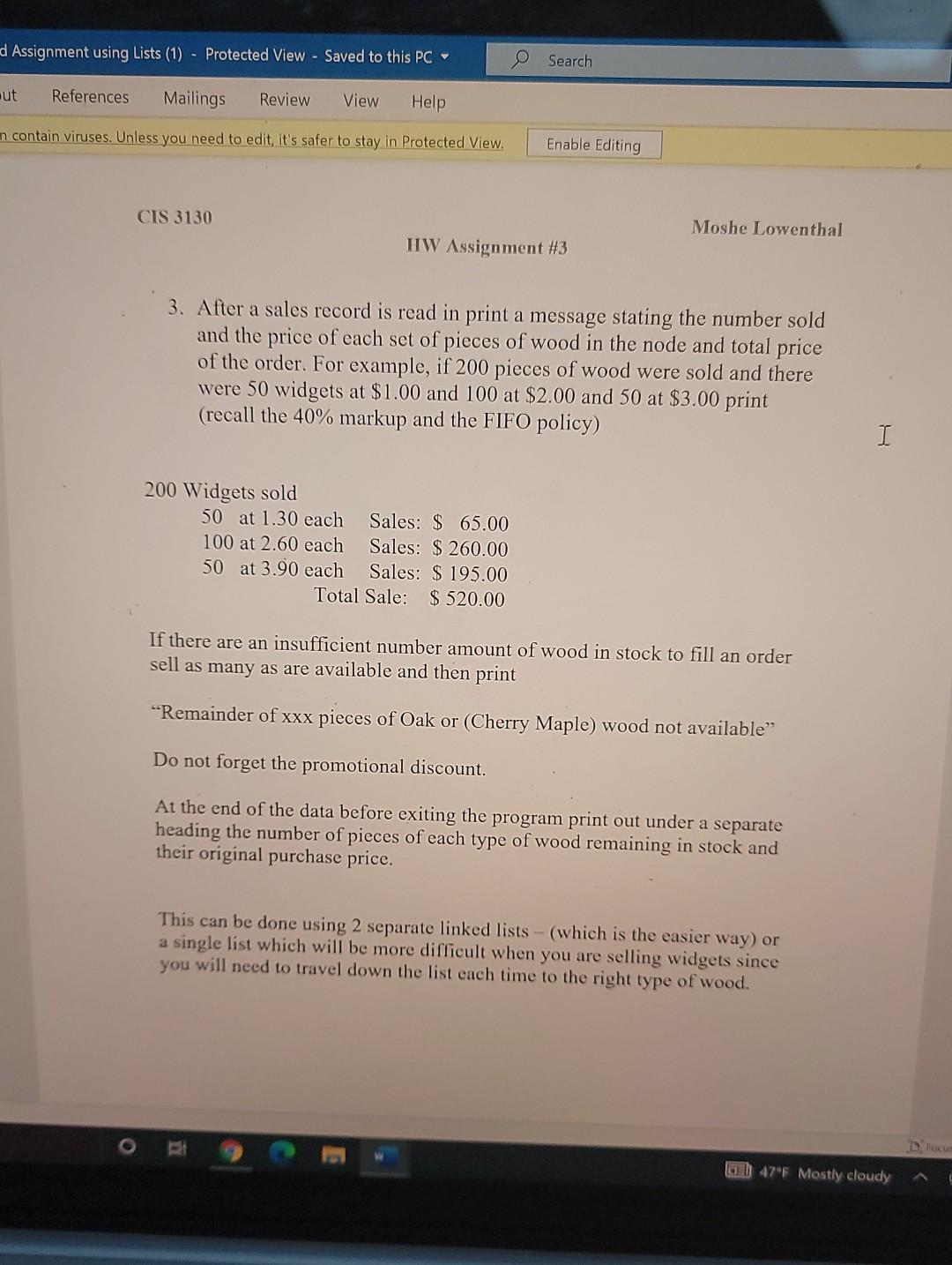 Solved HW #3 Wood Assignment using Lists (1) - Protected | Chegg.com