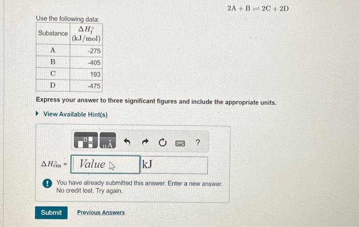 Solved 2 A+B⇌2C+2D Use the following data Express your | Chegg.com