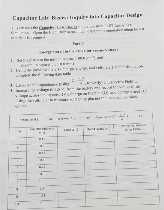 Solved Capacitor Lab Basics Inquiry into Capacitor Design