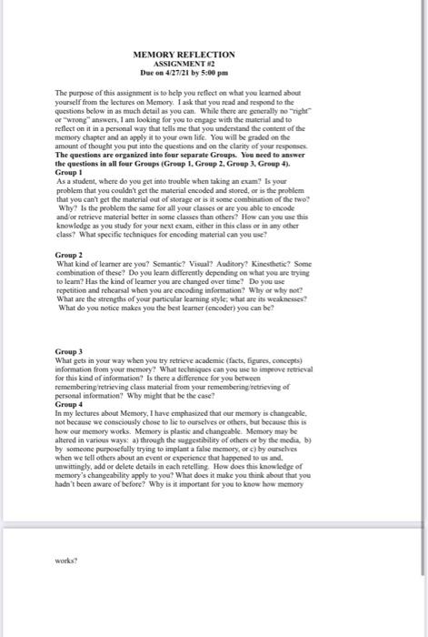 MEMORY REFLECTION ASSIGNMENT #2 Due on 4/27/21 by | Chegg.com