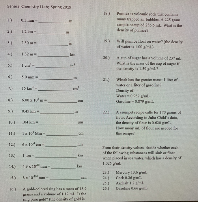 Solved General Chemistry I Lab Spring 19 18 1 0 5 Chegg Com