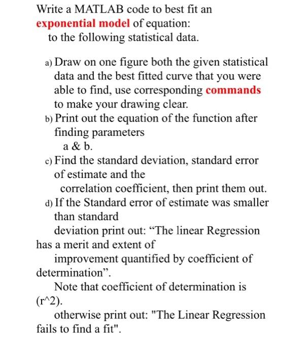 Solved Write a MATLAB code to best fit an exponential model | Chegg.com