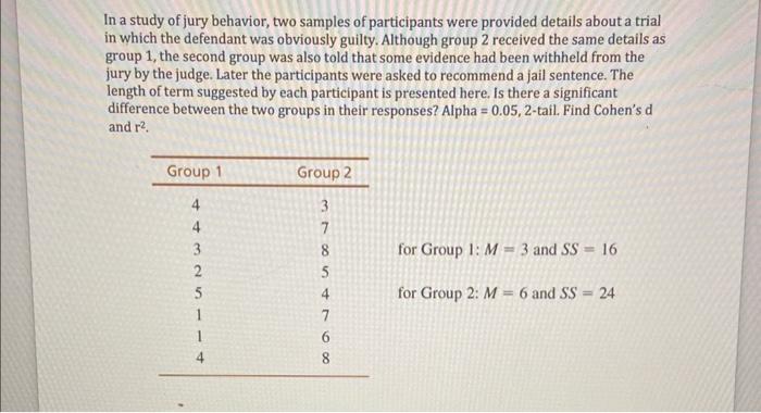 Solved In a study of jury behavior, two samples of | Chegg.com