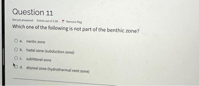 Which one of the following is not part of the benthic zone?
a. neritic zone
b. hadal zone (subduction zone)
c. sublittoral zo