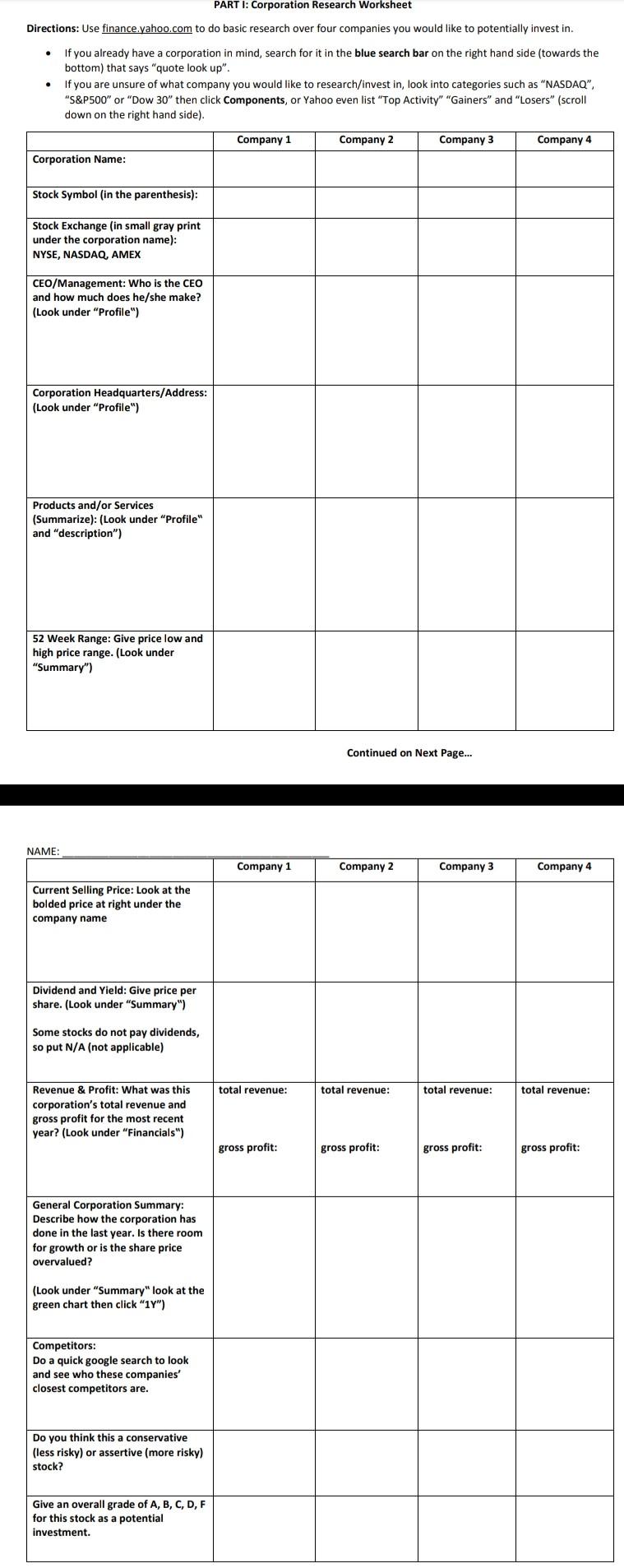 PART 1: Corporation Research Worksheet Directions: | Chegg.com