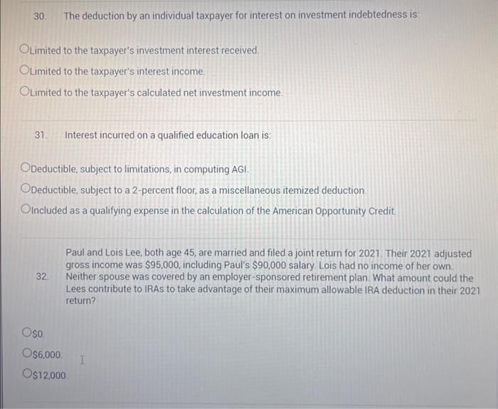 Solved 30. The deduction by an individual taxpayer for