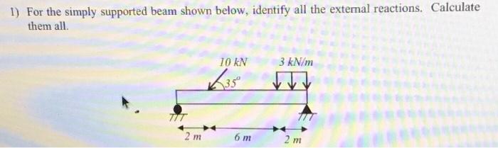 1) For the simply supported beam shown below, identify all the external reactions. Calculate them all.