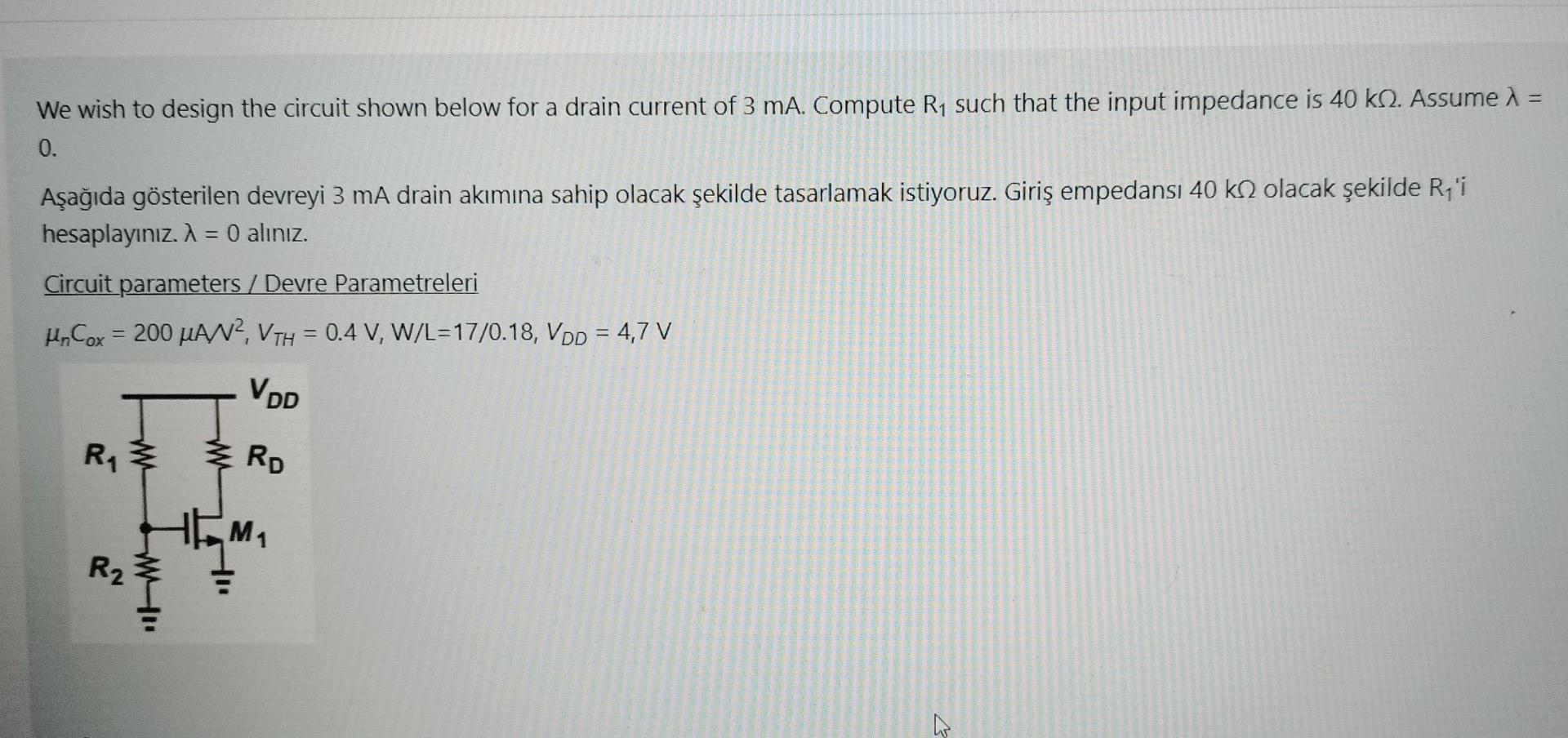 Solved We wish to design the circuit shown below for a drain | Chegg.com
