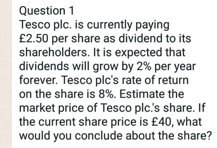 Solved Question 1 Tesco plc. is currently paying 2.50 per Chegg