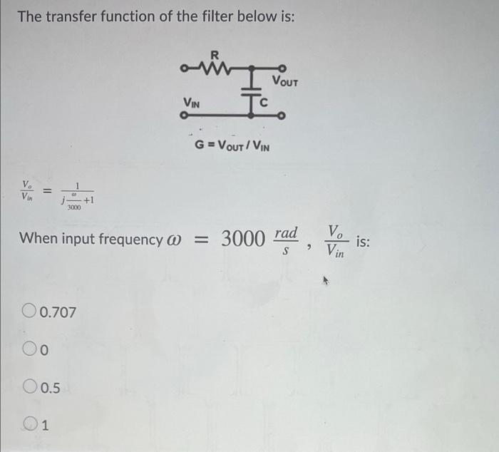 Solved The transfer function of the filter below is: R VOUT | Chegg.com