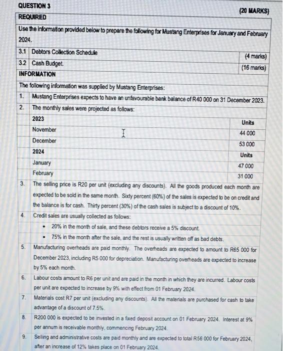 Solved QUESTION 3 (20 MURKS) REQUIRED Use the information | Chegg.com