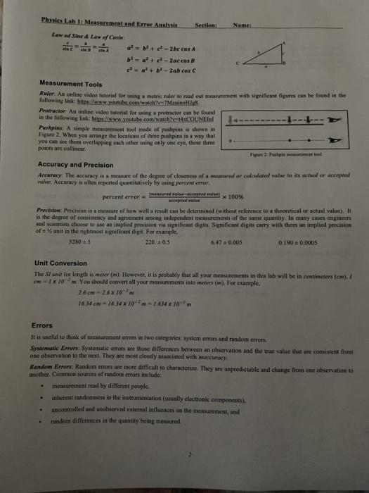 Physics Lab 1: Measurement And Error Analysis | Chegg.com