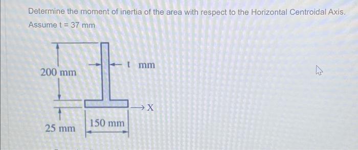 Determine the moment of inertia of the area with respect to the Horizontal Centroidal Axis.
Assume \( \mathrm{t}=37 \mathrm{~