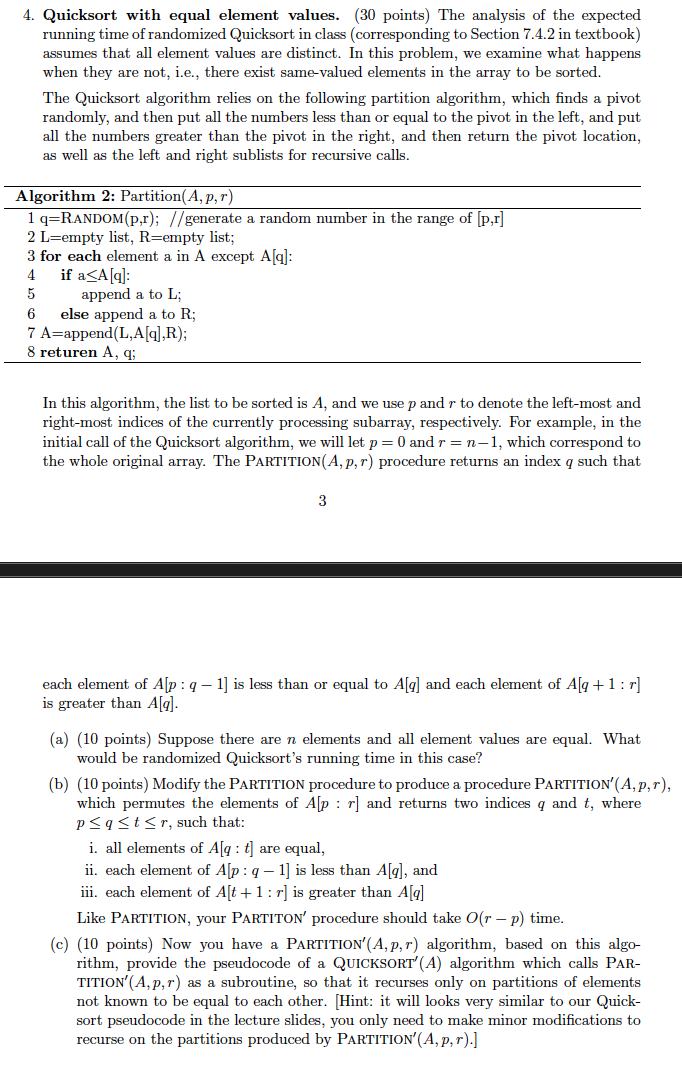 Solved Quicksort with equal element values. (30 ﻿points) | Chegg.com