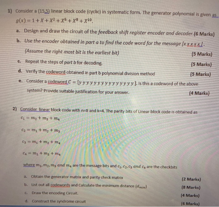 1 Consider A 15 5 Linear Block Code Cyclic In