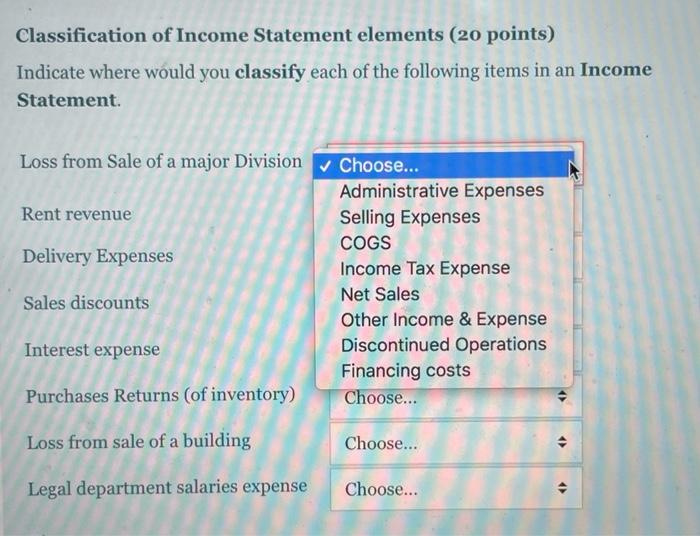 Solved Classification of Income Statement elements (20 | Chegg.com
