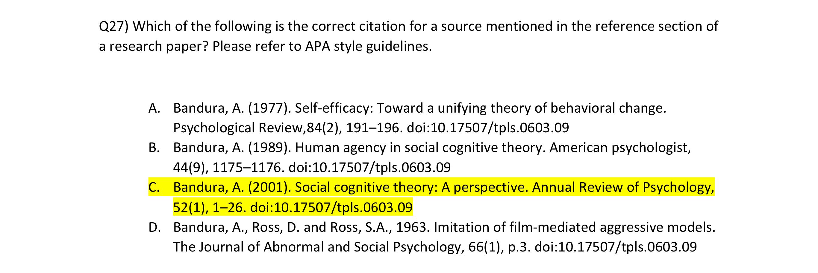 Solved Q27) ﻿Which of the following is the correct citation | Chegg.com