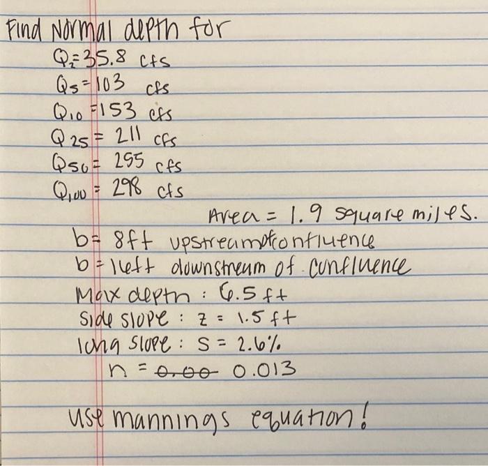 Solved Find normal depth for Q = 35.8 cts Qs = 103 cts Q10 | Chegg.com