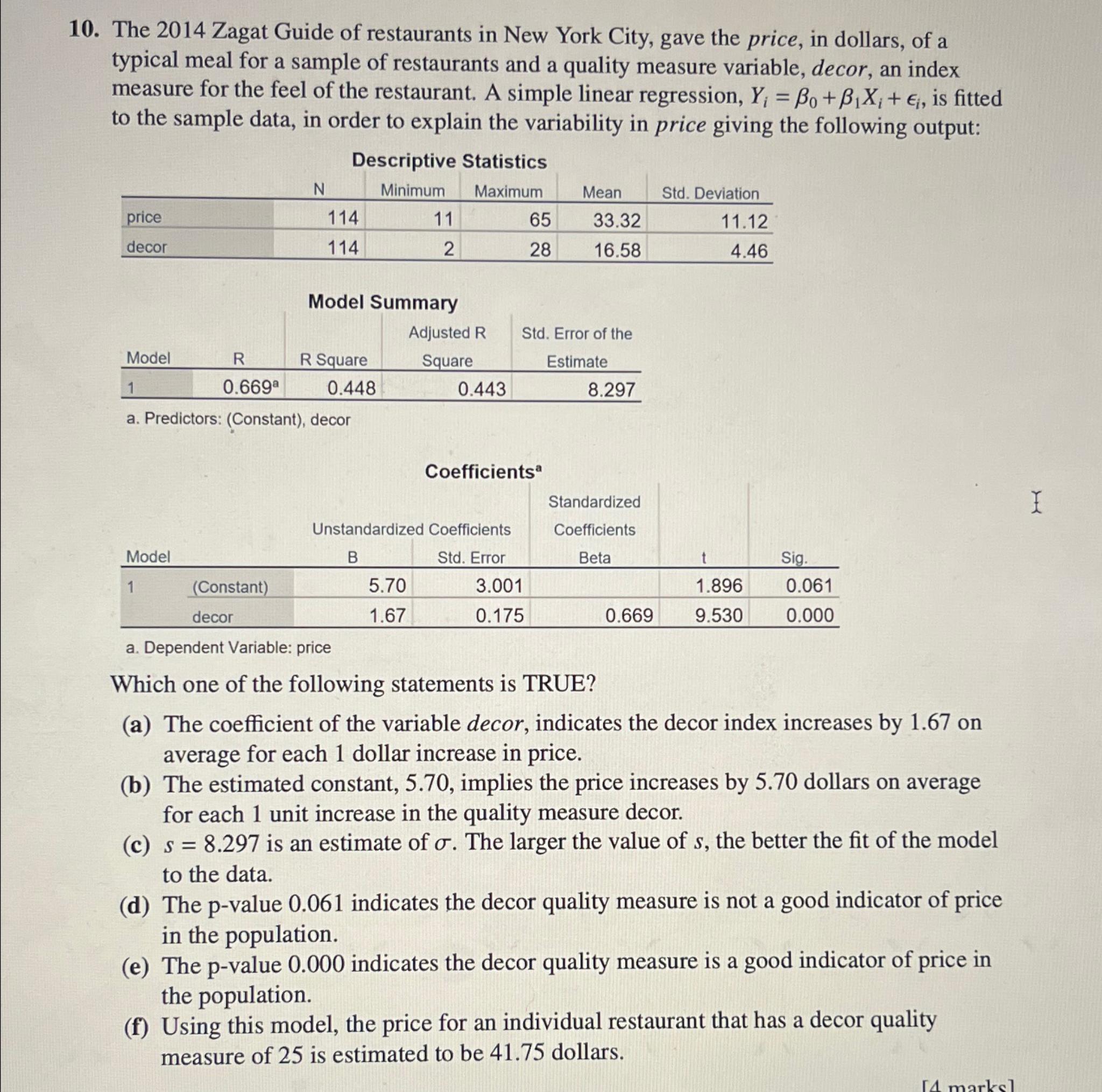 Solved The 2014 ﻿Zagat Guide of restaurants in New York | Chegg.com