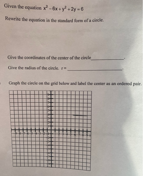 Solved Given the equation x2 - 6x + y2 + 2y = 6 Rewrite the | Chegg.com