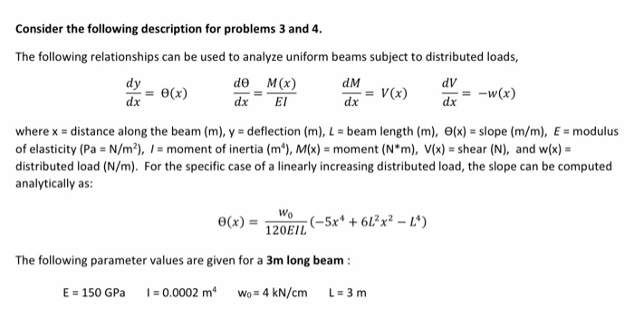 Consider the following description for problems 3 and 4. The following relationships can be used to analyze uniform beams sub