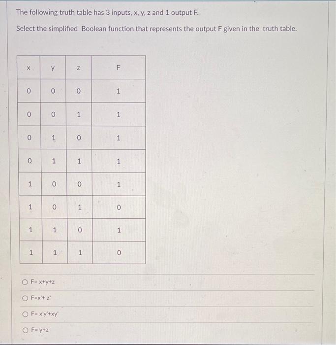 Solved The following truth table has 3 inputs, x, y, z and 1 | Chegg.com
