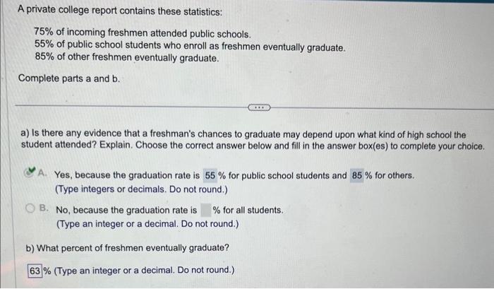 Solved A private college report contains these statistics: | Chegg.com