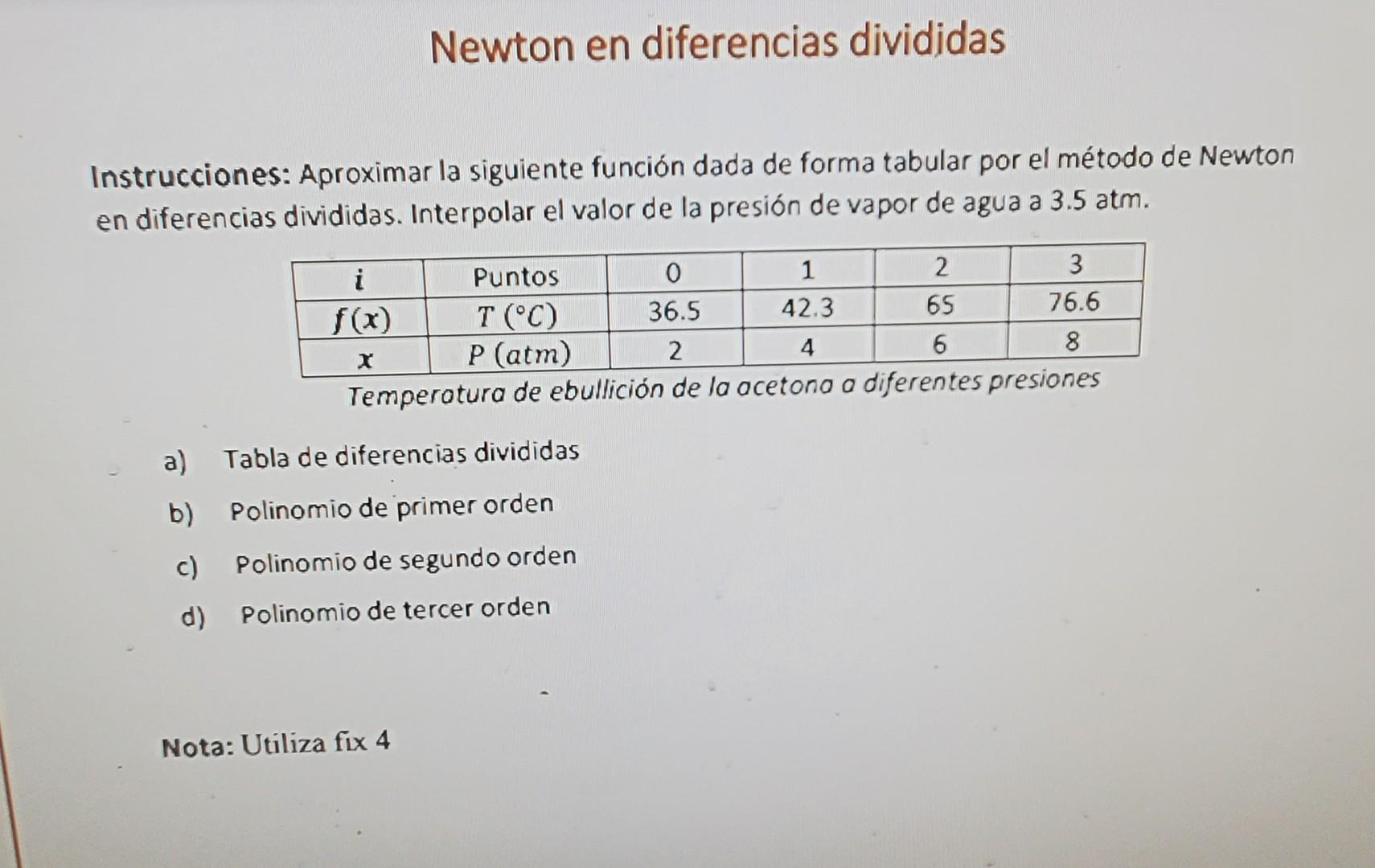 Newton en diferencias divididas Instrucciones: Aproximar la siguiente función dada de forma tabular por el método de Newton e