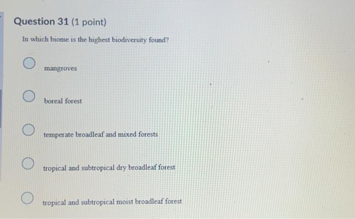 Solved Question 31 (1 point) In which biome is the highest | Chegg.com