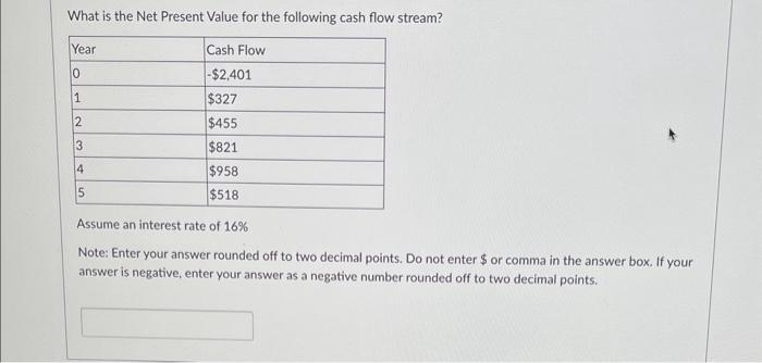 Solved What is the Net Present Value for the following cash | Chegg.com