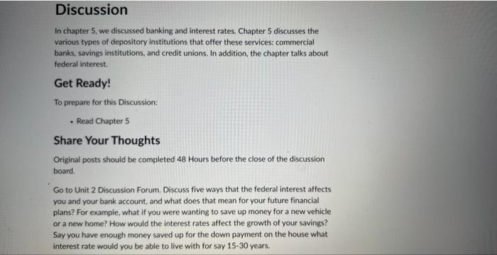 Solved In chapter 5 , we discussed banking and interest | Chegg.com