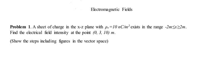 Solved Problem 1. A sheet of charge in the x−z plane with | Chegg.com