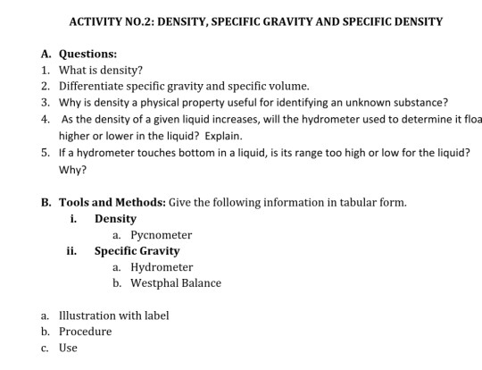 Solved ACTIVITY NO.2: DENSITY, SPECIFIC GRAVITY AND SPECIFIC