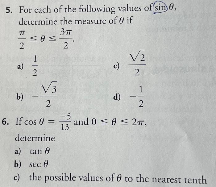 Solved 5. For each of the following values of sinθ, | Chegg.com