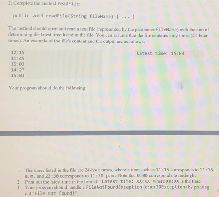 Solved 2) Complete the method readFile: public void | Chegg.com