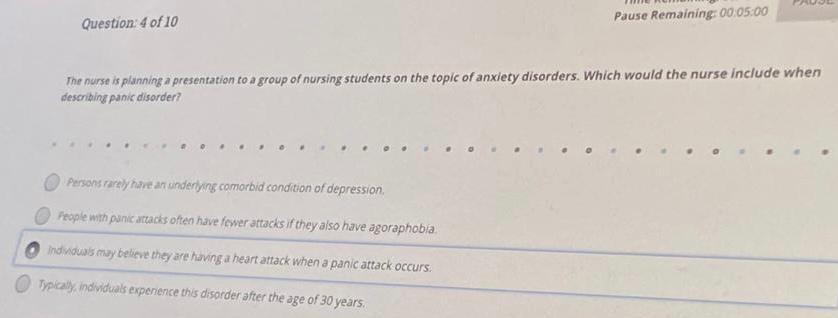 Question: 4 of 10 Pause Remaining: 00:05:00 The nurse is planning a presentation to a group of nursing students on the topic