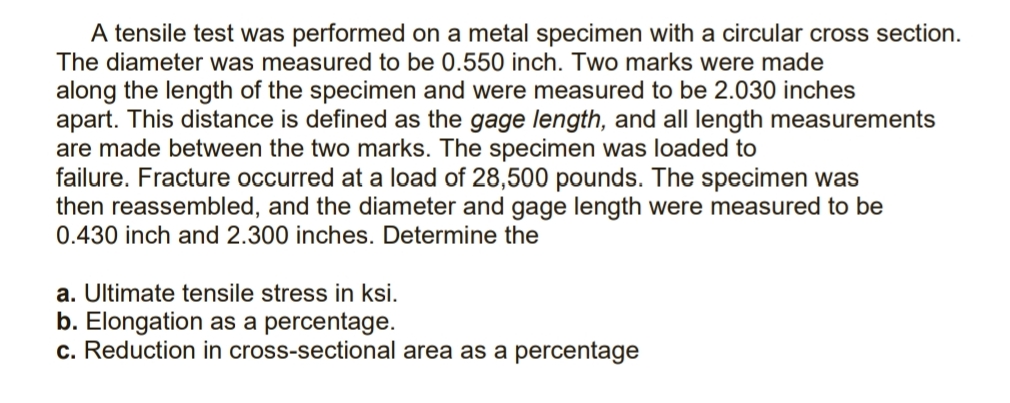 A tensile test was performed on a metal specimen with | Chegg.com