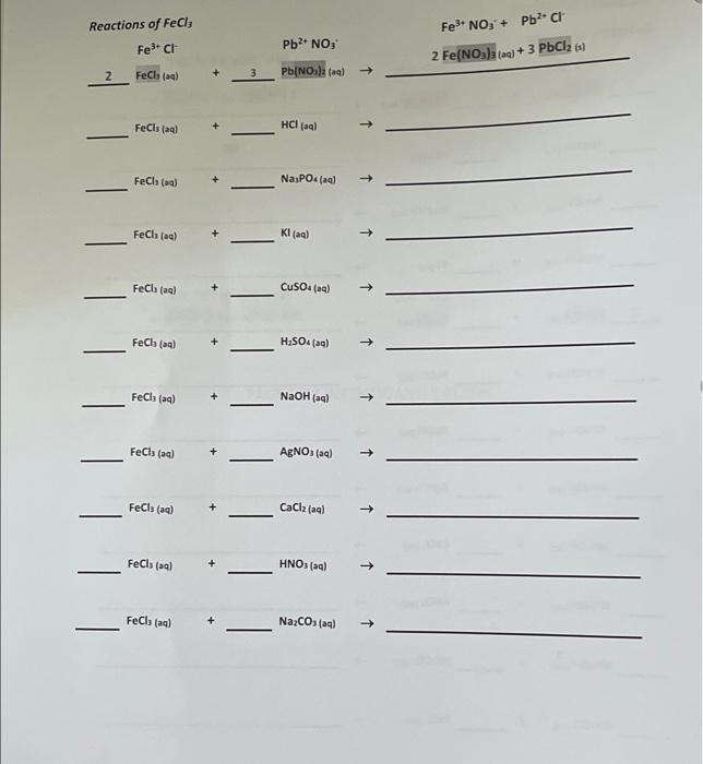 Reactions of FeCl3 Fe3+ CH Pb2+ NO, Fe3+ NO, + PbCr 2 Fe(NO3)(a) + 3 PbCl2 tu) 2 Fech (aq) 3 Pb(NO3(aq) FeCl(aq) HCl(aq) FeCl