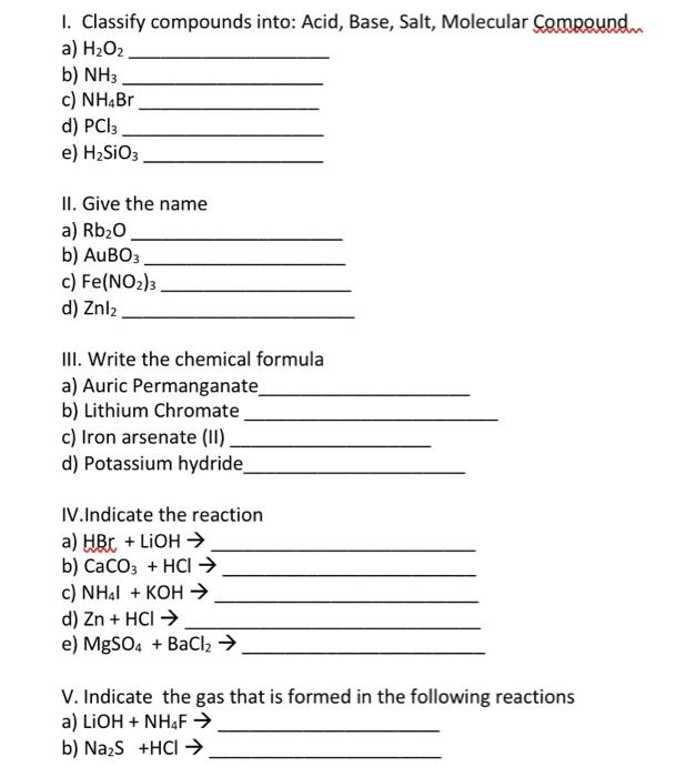 Solved 1. Classify compounds into: Acid, Base, Salt, | Chegg.com